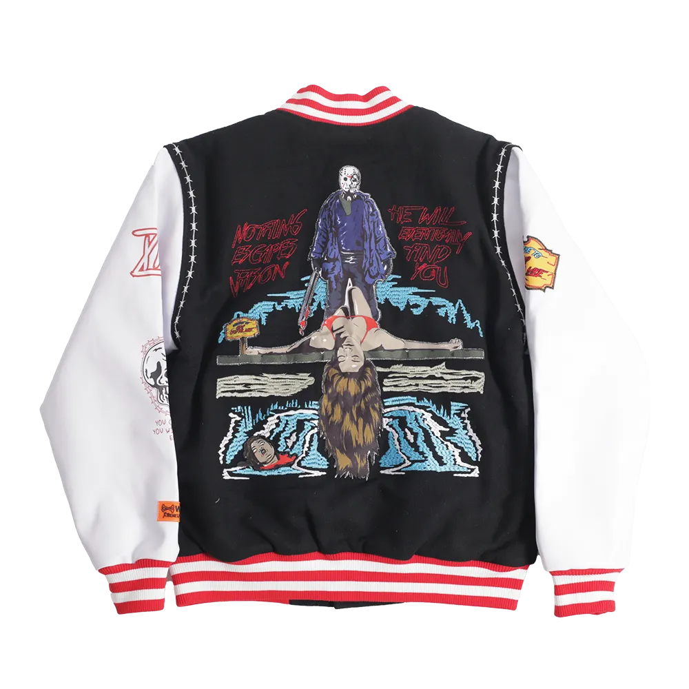 BRAND X JASON CAMP CRYSTAL LAKE VARSITY JACKET (BLACK/WHITE)