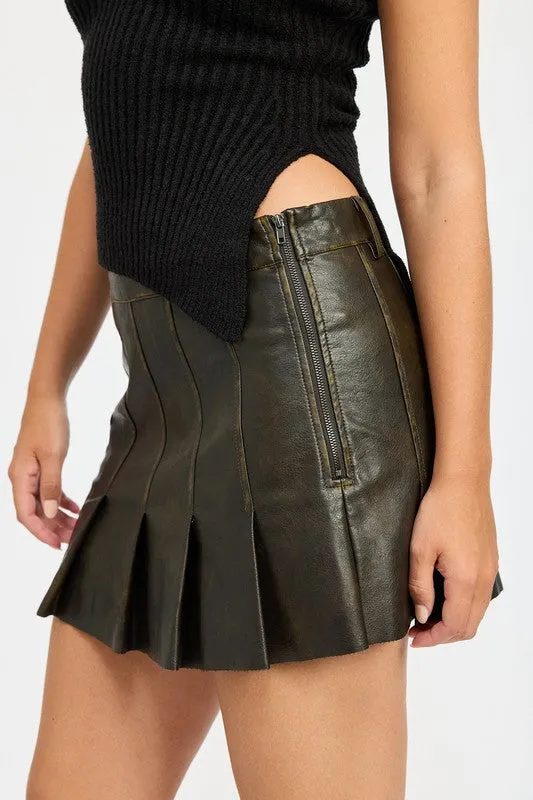 Brown Faux Leather Pleated Mini Skirt