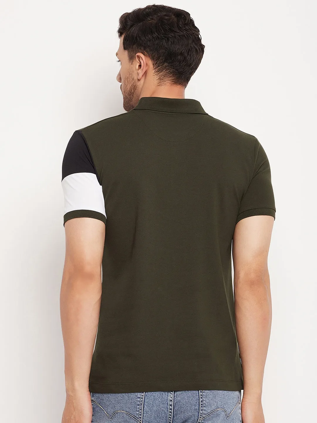 Camla Barcelona Men’S Colourblocked Olive Green Polo Neck T-Shirt