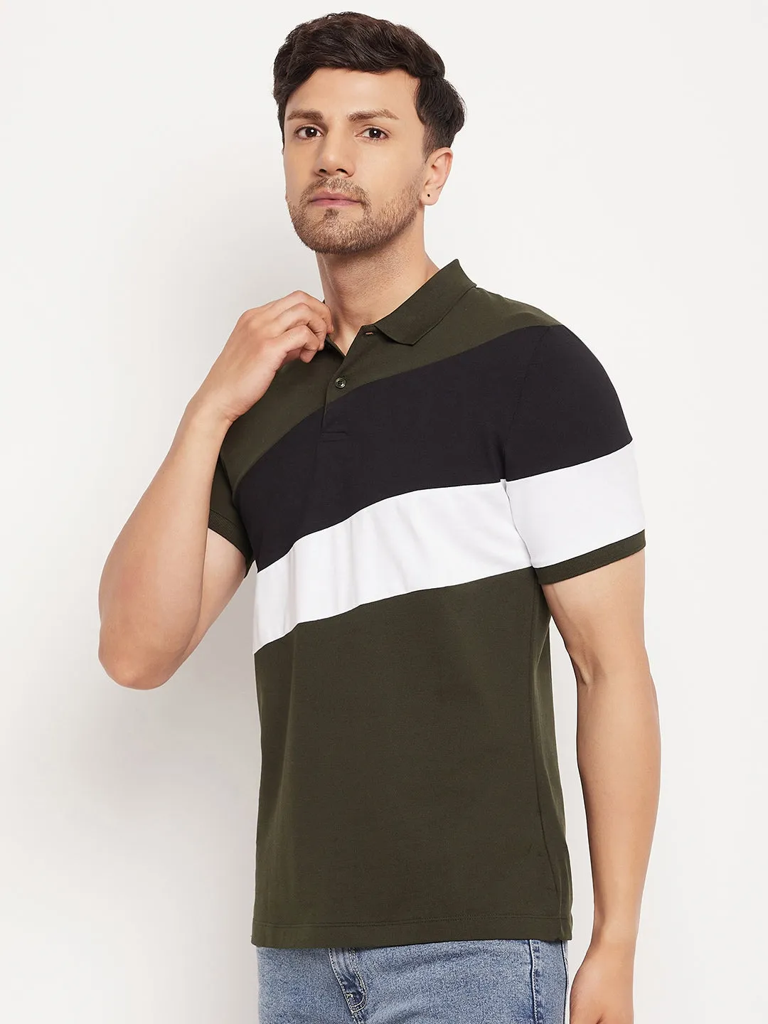 Camla Barcelona Men’S Colourblocked Olive Green Polo Neck T-Shirt
