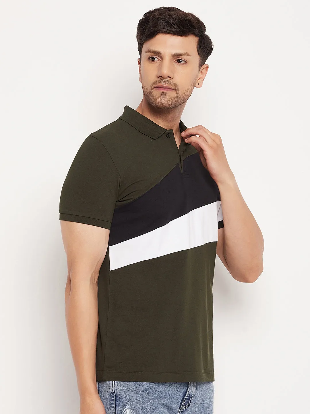 Camla Barcelona Men’S Colourblocked Olive Green Polo Neck T-Shirt