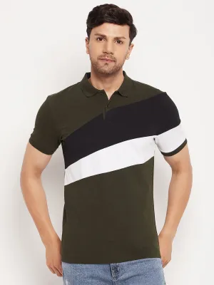 Camla Barcelona Men’S Colourblocked Olive Green Polo Neck T-Shirt