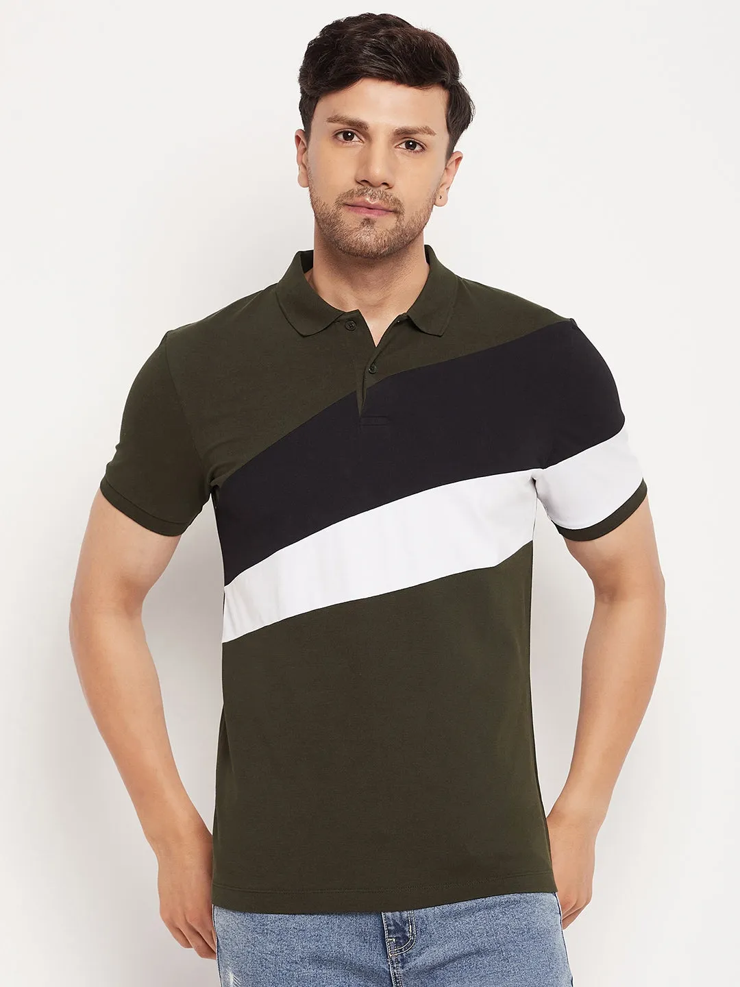 Camla Barcelona Men’S Colourblocked Olive Green Polo Neck T-Shirt