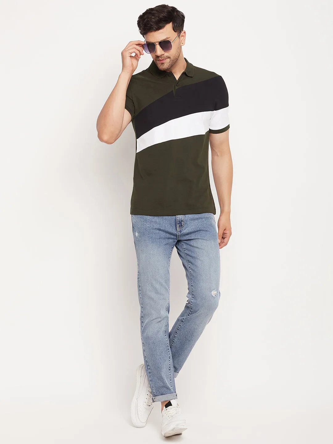 Camla Barcelona Men’S Colourblocked Olive Green Polo Neck T-Shirt
