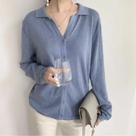 Cardigan sweater cotton vneck collar button down blue green beige black cream