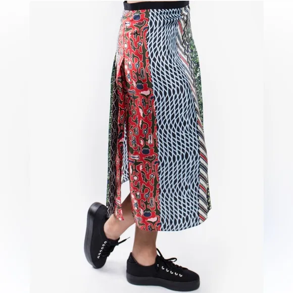 Carven Silk Pleated Patchwork Red Midi Skirt Size FR38 US 6