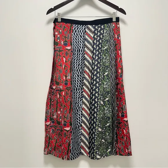 Carven Silk Pleated Patchwork Red Midi Skirt Size FR38 US 6