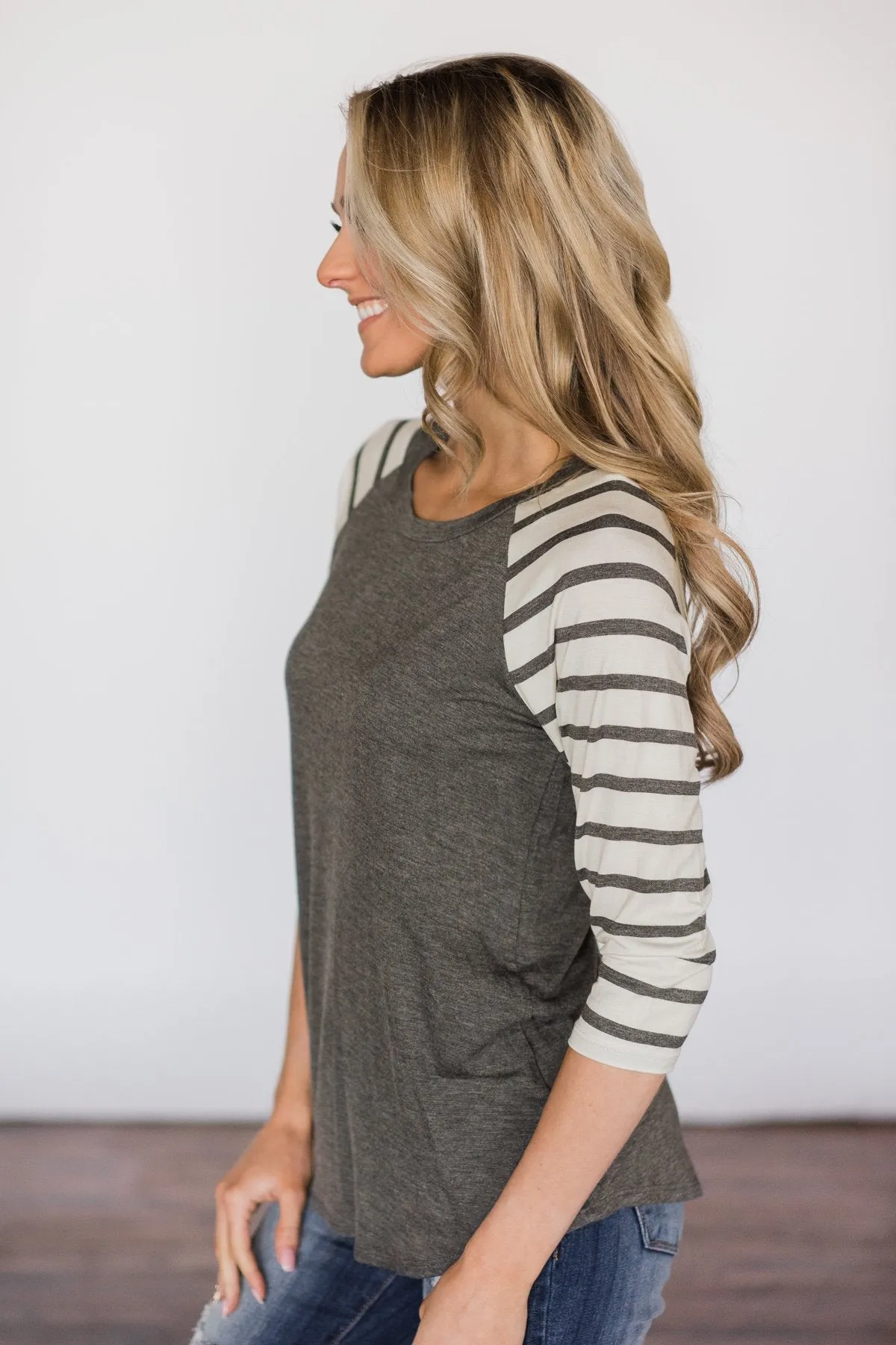 Charcoal Striped Sleeve Top