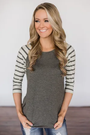 Charcoal Striped Sleeve Top