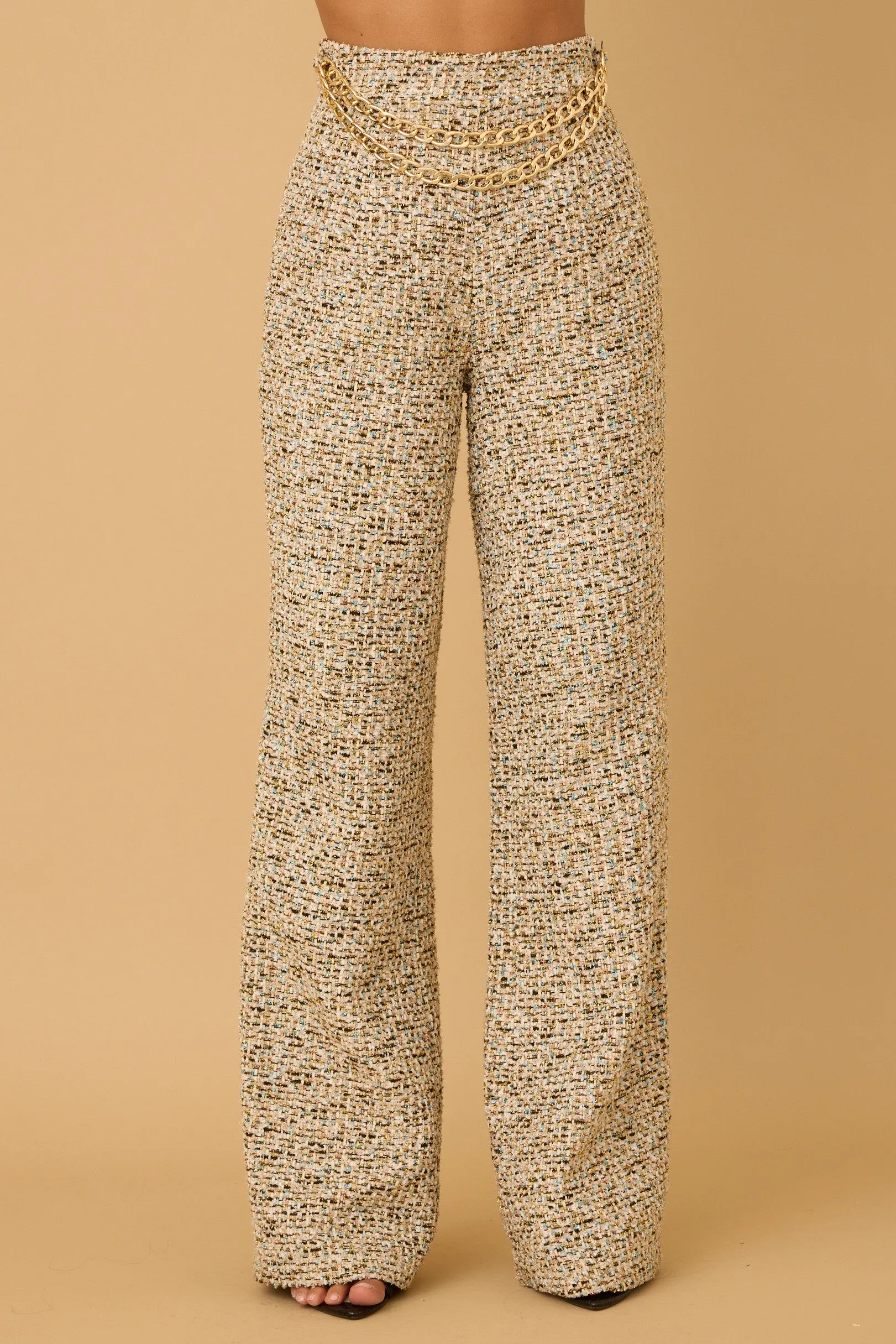 Cindy tweed wide leg pant with chain belt