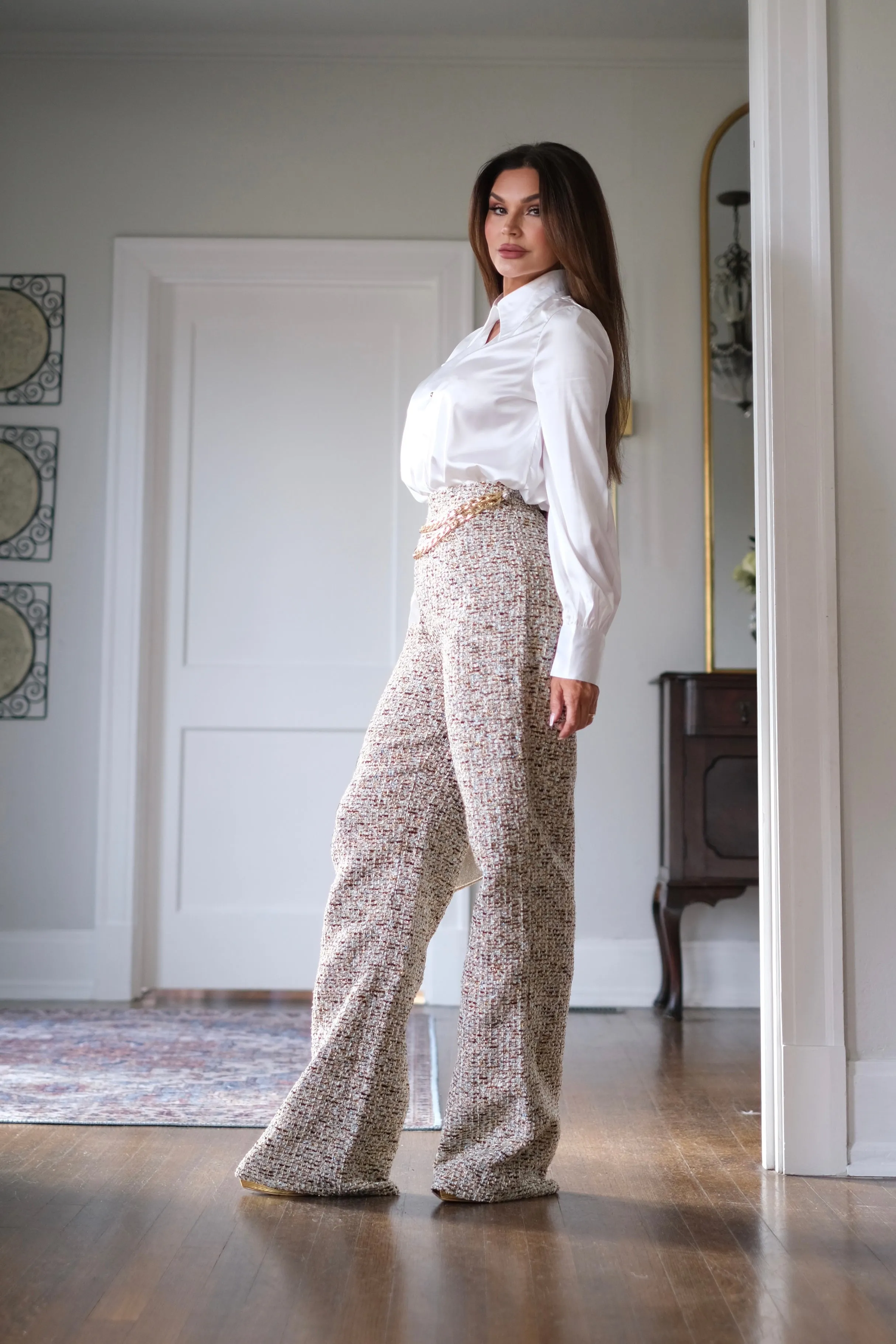 Cindy tweed wide leg pant with chain belt