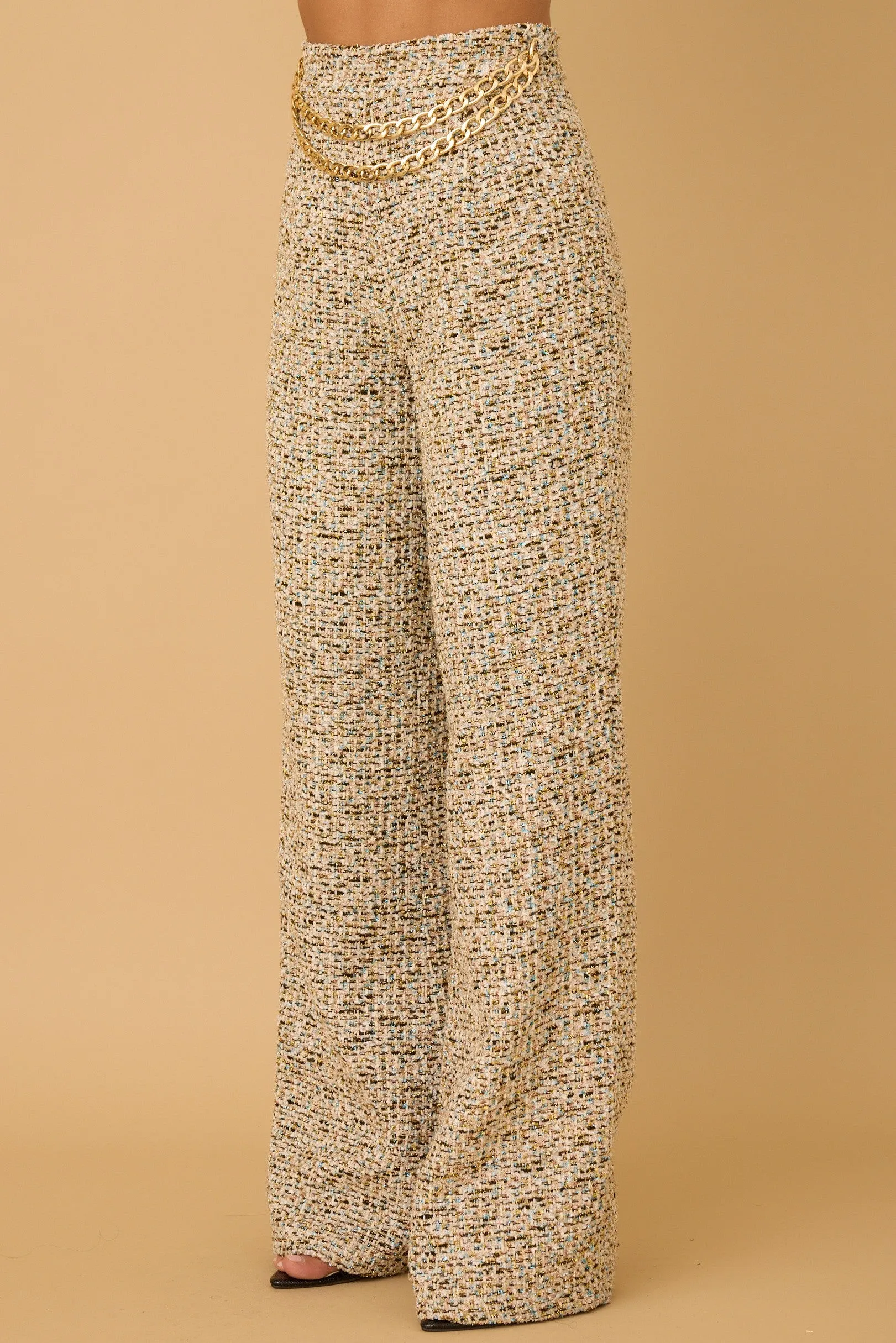 Cindy tweed wide leg pant with chain belt