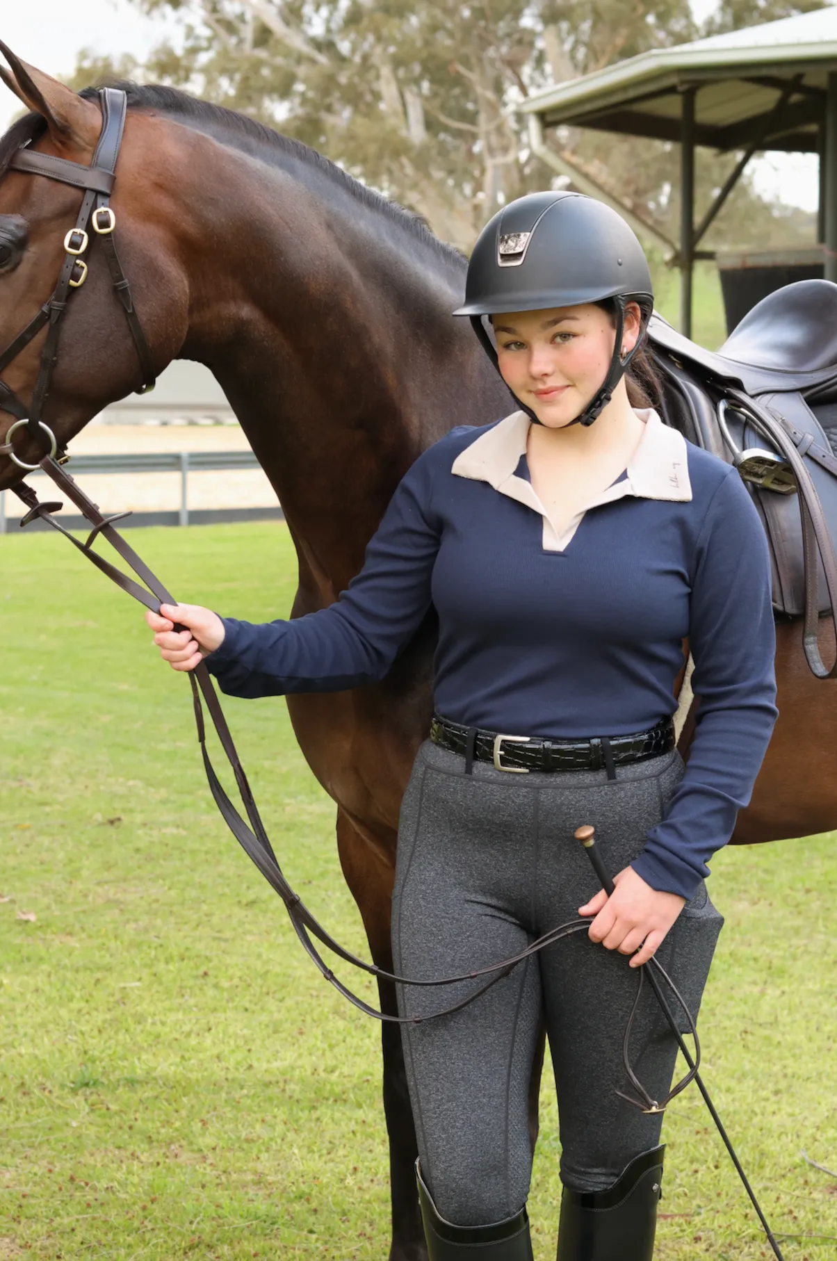 Contrast organic long sleeve polo in Navy
