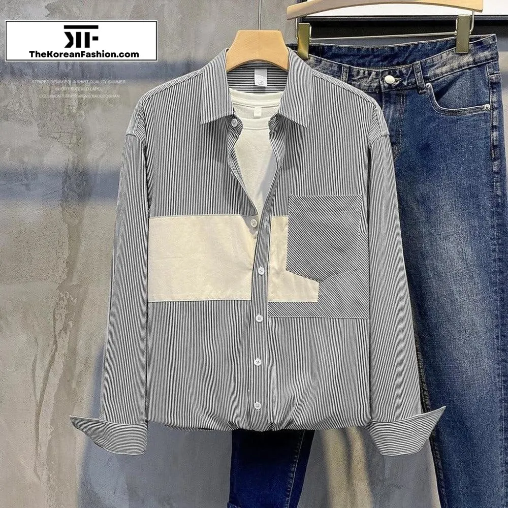 Cotton Stitching Patch Striped Shirt