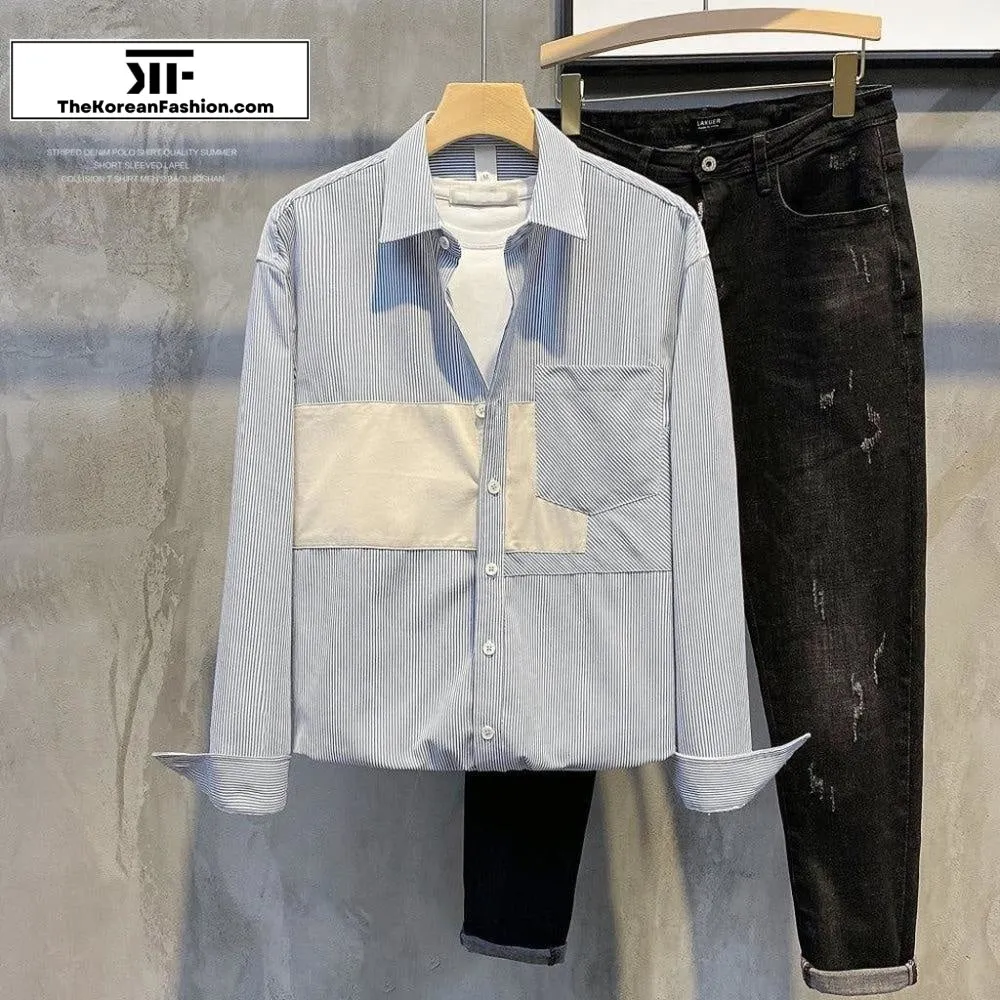 Cotton Stitching Patch Striped Shirt