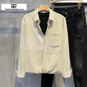Cotton Stitching Patch Striped Shirt