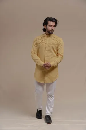 CREAM SMOCKING SHORT KURTA/TUXEDO SHIRT SET