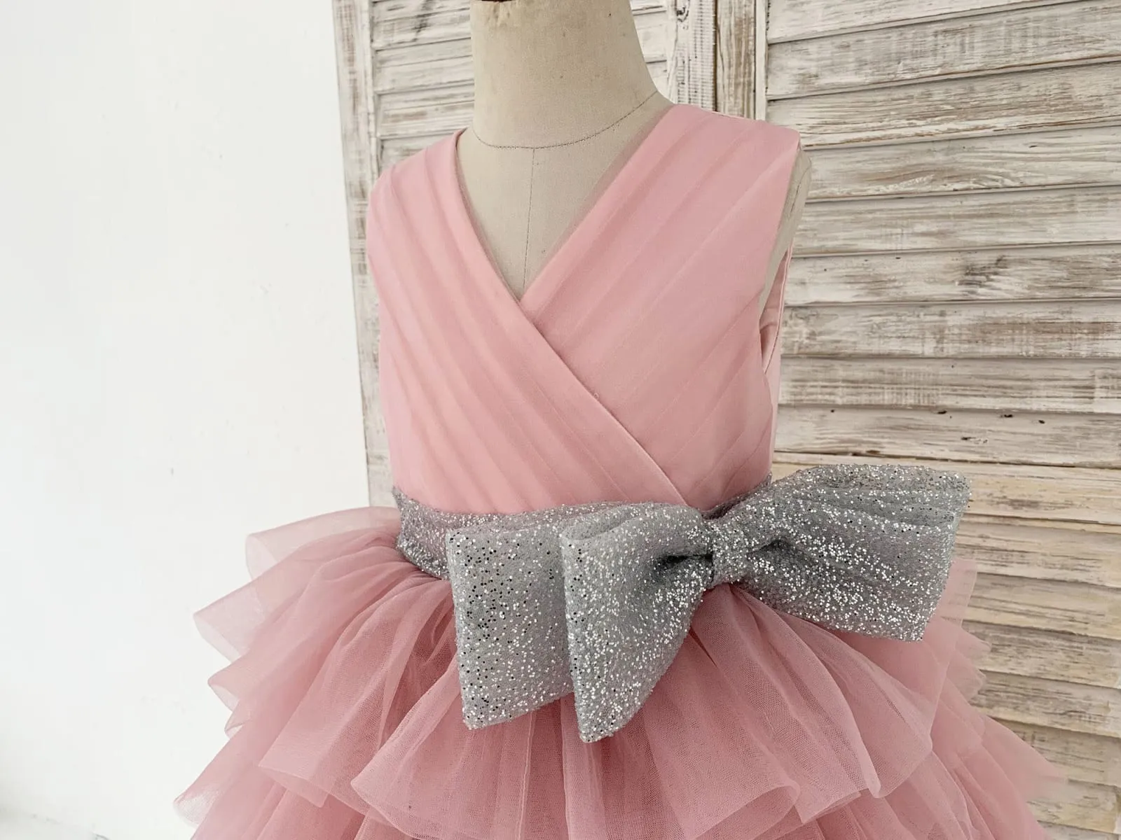 Cupcake Mauve Tulle V Neck Wedding Flower Girl Dress, Glittering Belt Bow