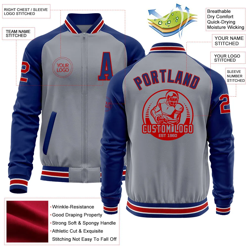Custom Gray Red-Royal Bomber Varsity Letterman Two Tone Zipper Jacket