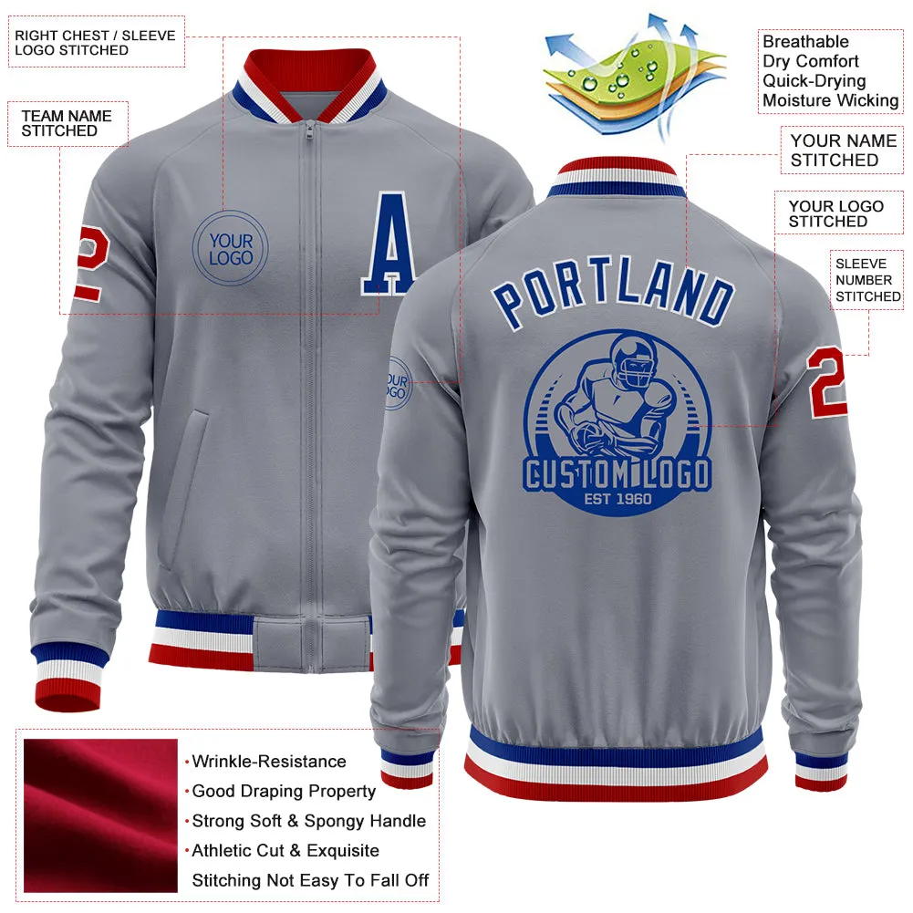 Custom Gray Red-Royal Bomber Varsity Letterman Zipper Jacket