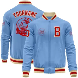 Custom Light Blue Red-Cream Bomber Varsity Letterman Zipper Jacket