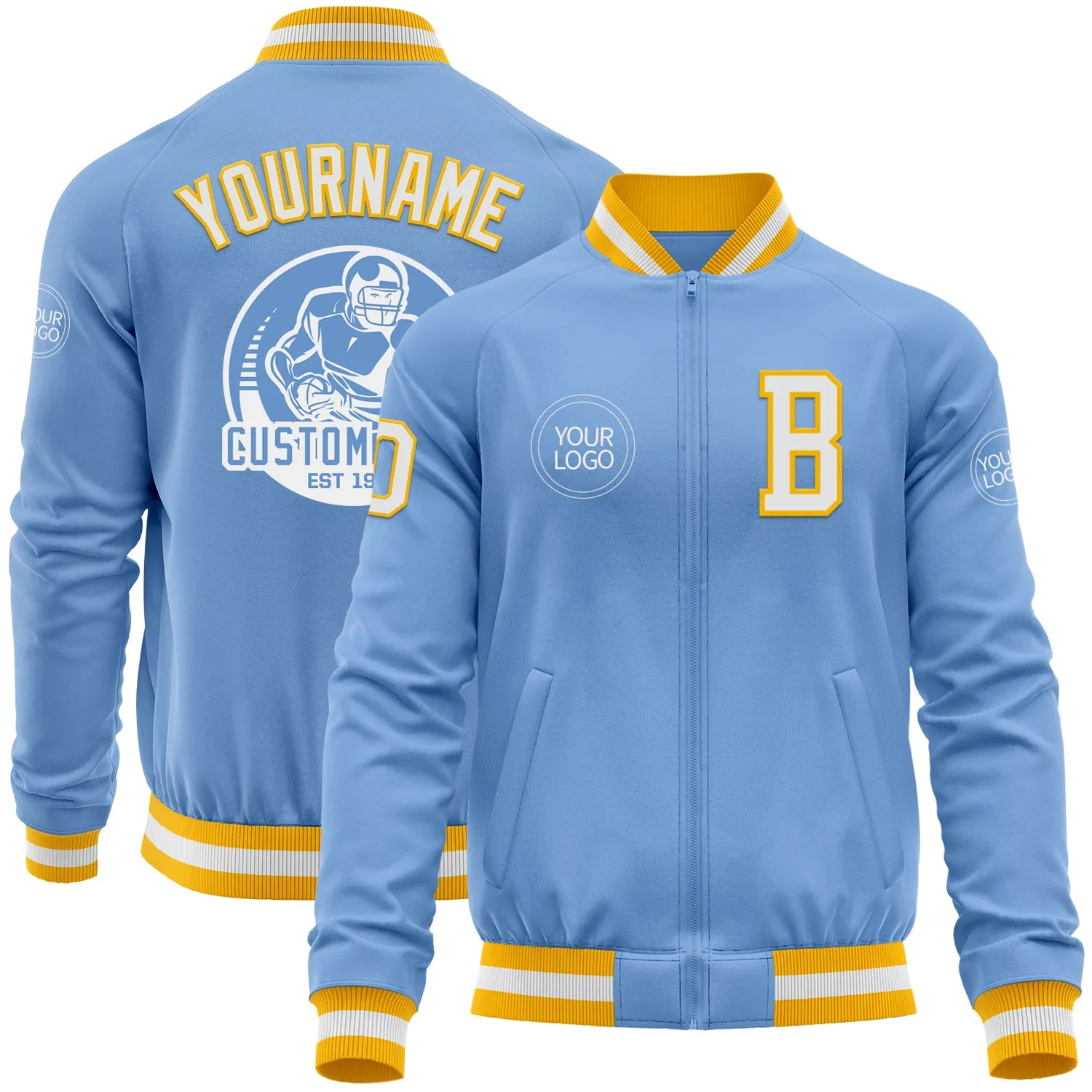 Custom Light Blue White-Gold Bomber Varsity Letterman Zipper Jacket