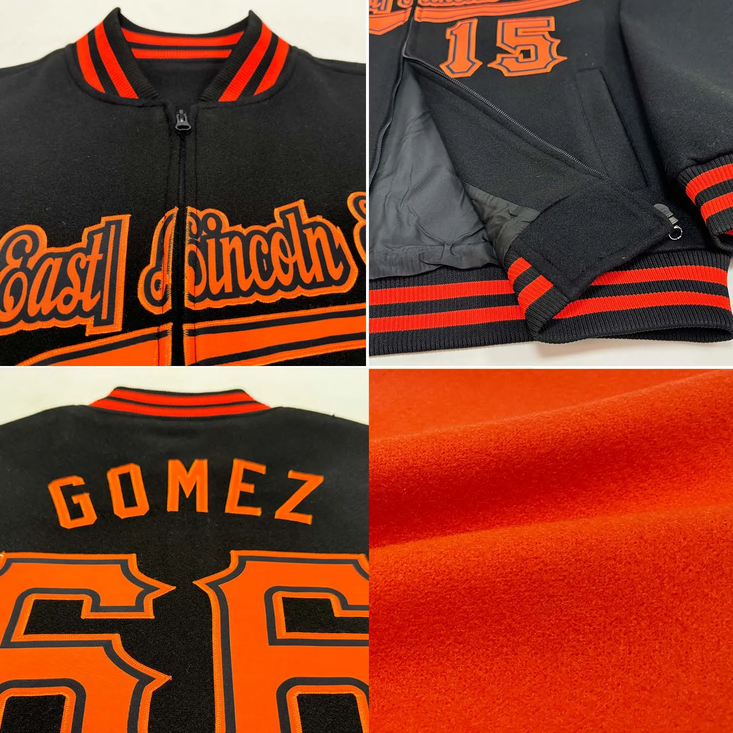 Custom Orange Black-White Bomber Varsity Letterman Zipper Jacket