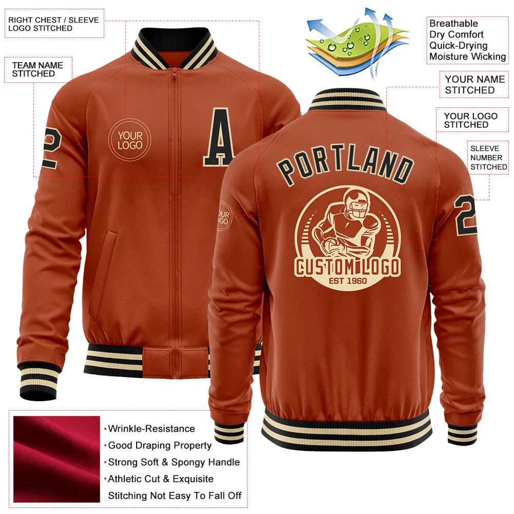 Custom Texas Orange Black-Cream Bomber Varsity Letterman Zipper Jacket