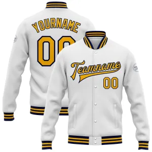Custom White Gold-Navy Bomber Full-Snap Varsity Letterman Jacket