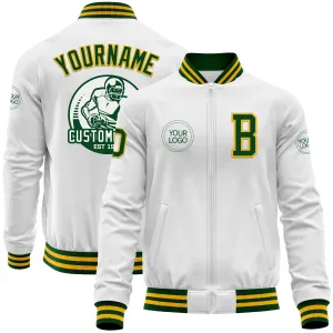 Custom White Green-Gold Bomber Varsity Letterman Zipper Jacket