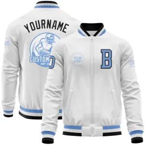 Custom White Light Blue-Black Bomber Varsity Letterman Zipper Jacket