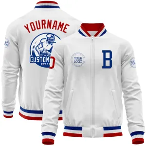 Custom White Red-Royal Bomber Varsity Letterman Zipper Jacket