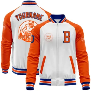 Custom White Royal-Orange Bomber Varsity Letterman Two Tone Zipper Jacket