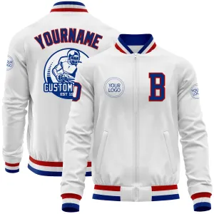 Custom White Royal-Red Bomber Varsity Letterman Zipper Jacket