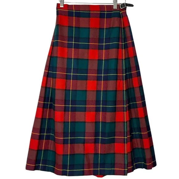 DEANS OF SCOTLAND sz XS/ S Skirt Kilt Tartan Plaid Pleated Wool Wrap Adjustable