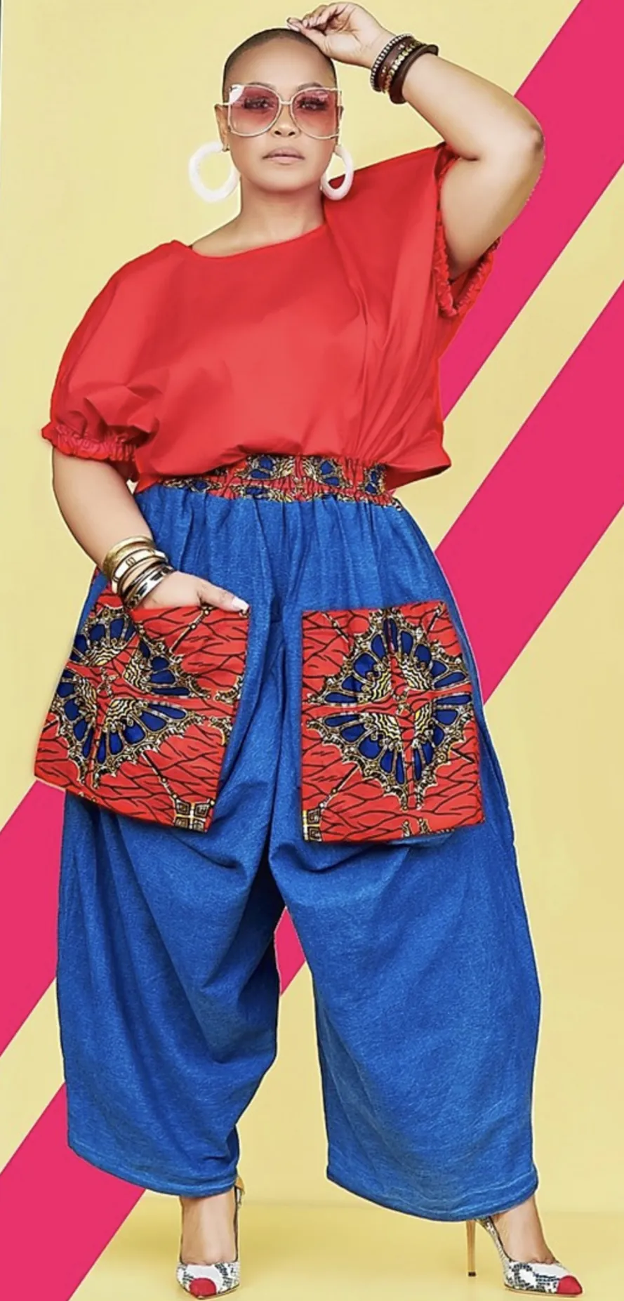 Denim Big Pocket Print Pant