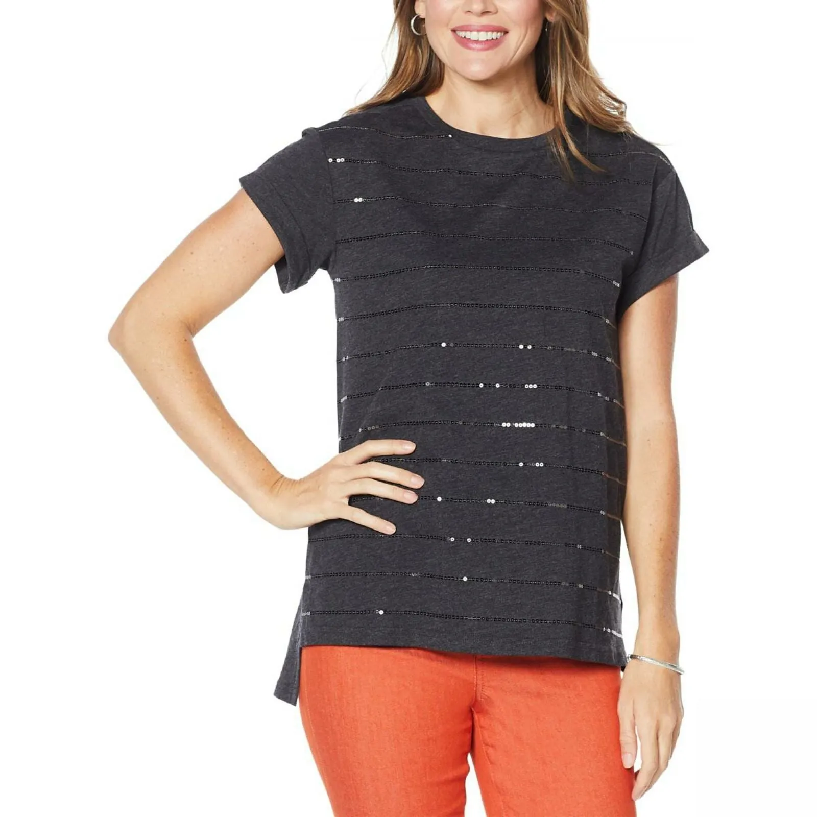 DG2 by Diane Gilman Embellished Cuff Sleeve T-Shirt Black Plus 2X