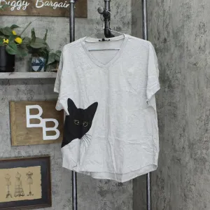 DG2 Womens Textured Sequined Kitty T-Shirt Tee 710395 Heather Gray M