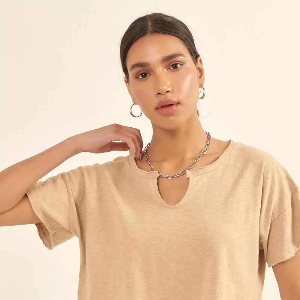 Distressed Slub Knit Split-Neck Cropped Tee