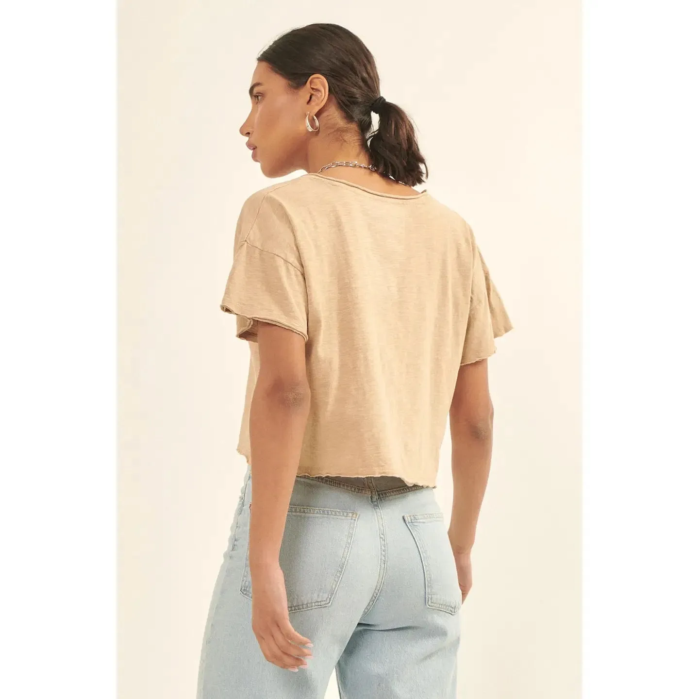 Distressed Slub Knit Split-Neck Cropped Tee