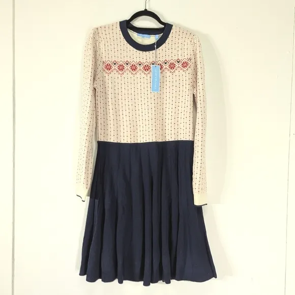 Draper James Red Blue Fair Isle Sweater Dress XL Pleated Skirt Preppy Nordic
