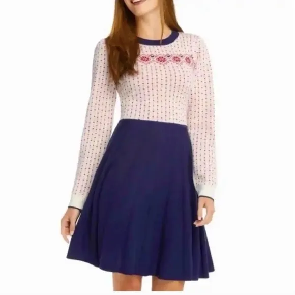 Draper James Red Blue Fair Isle Sweater Dress XL Pleated Skirt Preppy Nordic
