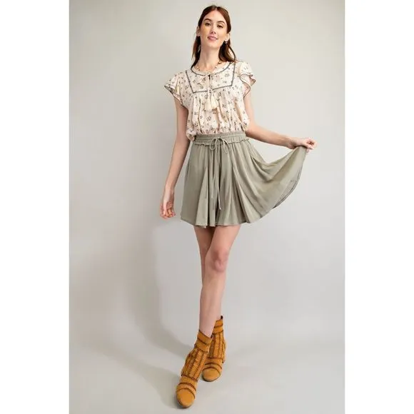 Easel Sage Grey Pleated Throughout Rayon Gauze Loose Fit Elasticized Swing Skirt