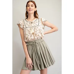 Easel Sage Grey Pleated Throughout Rayon Gauze Loose Fit Elasticized Swing Skirt