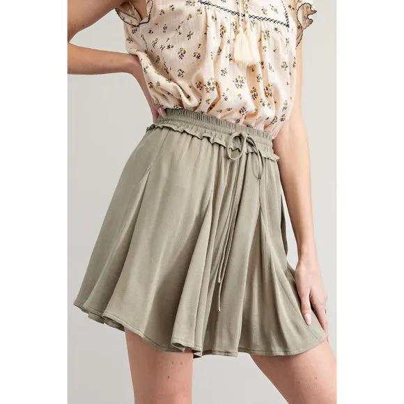 Easel Sage Grey Pleated Throughout Rayon Gauze Loose Fit Elasticized Swing Skirt