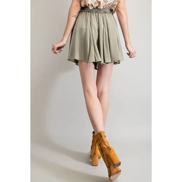 Easel Sage Grey Pleated Throughout Rayon Gauze Loose Fit Elasticized Swing Skirt