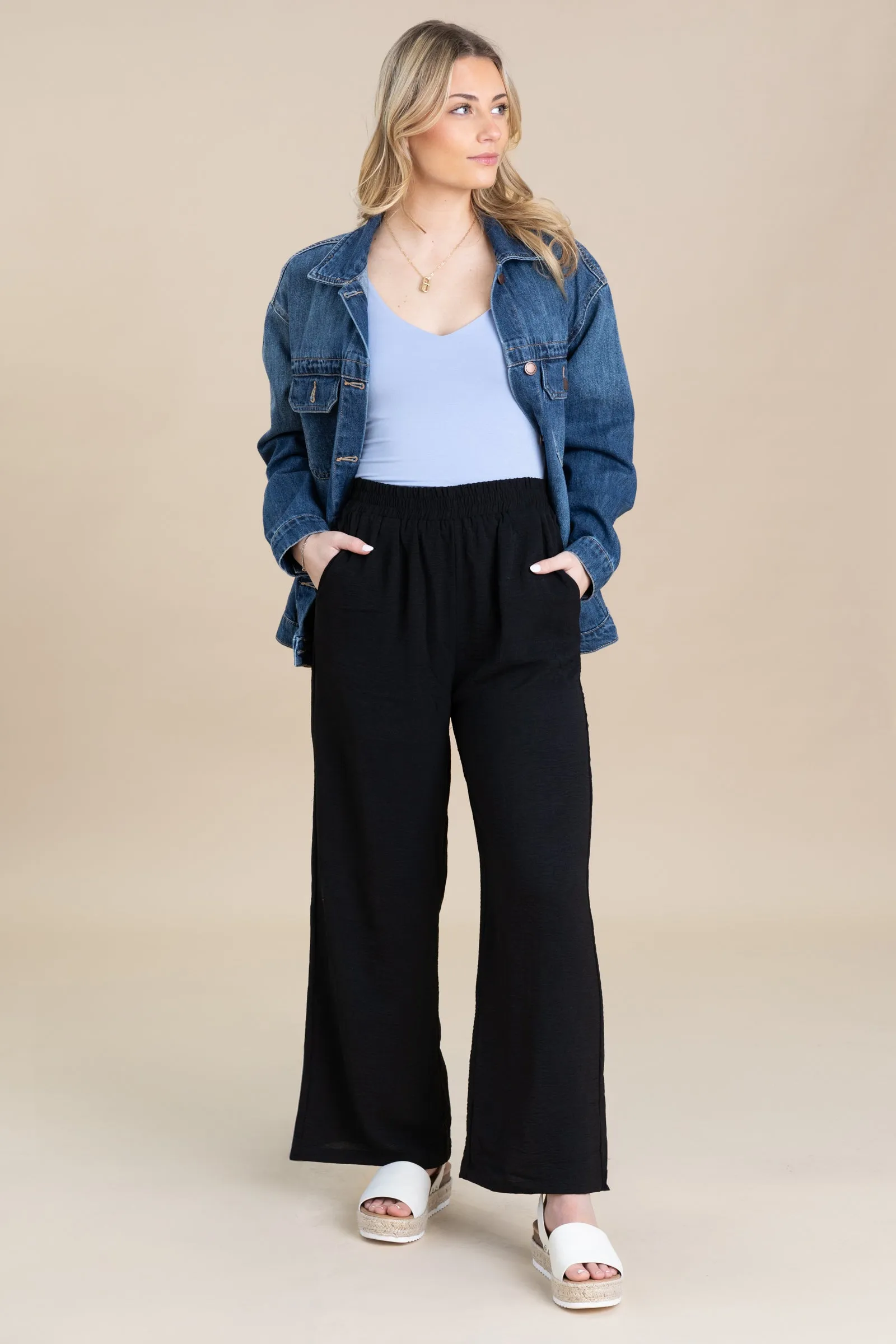 Elastic Waist Wide Leg Pants With Pockets