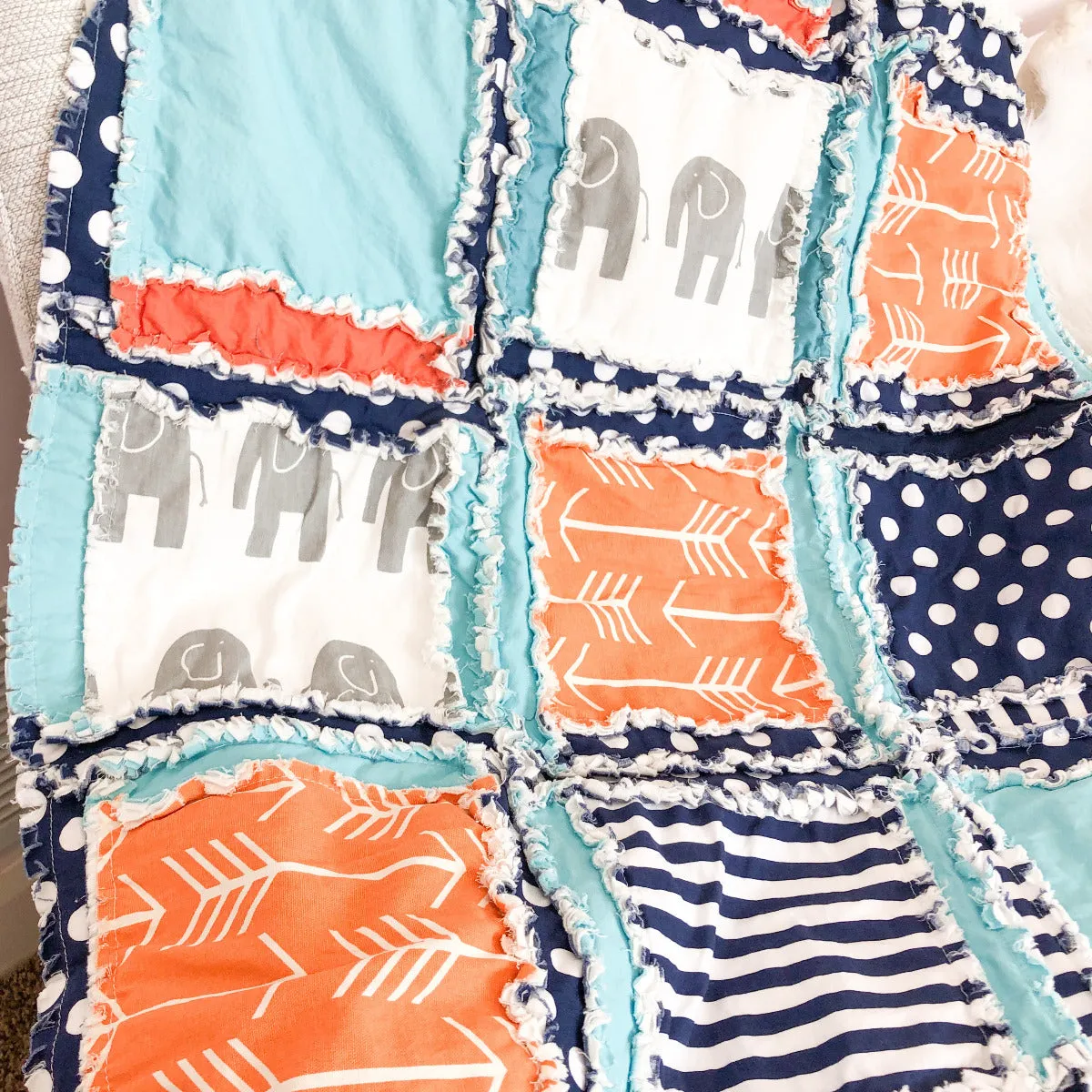 Elephant Crib Bedding - Blue / Orange / Navy / Gray