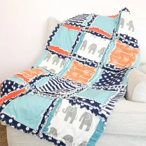 Elephant Crib Bedding - Blue / Orange / Navy / Gray