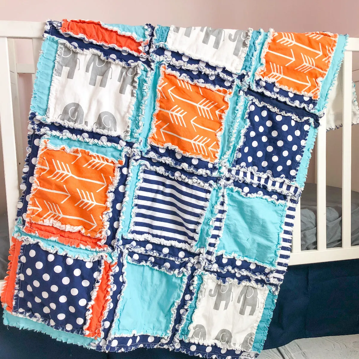 Elephant Crib Bedding - Blue / Orange / Navy / Gray